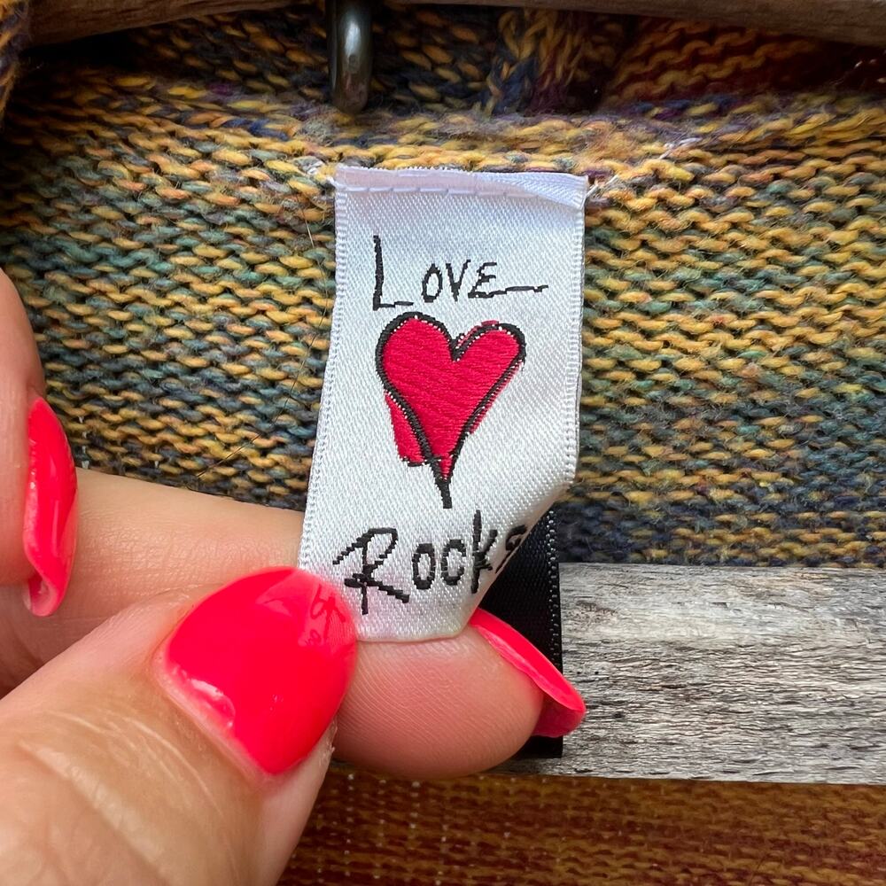 Vintage Y2K Love Rocks Multicolor Fall Hooded V Neck Button Sweater Pocket SMALL - Picture 2 of 9